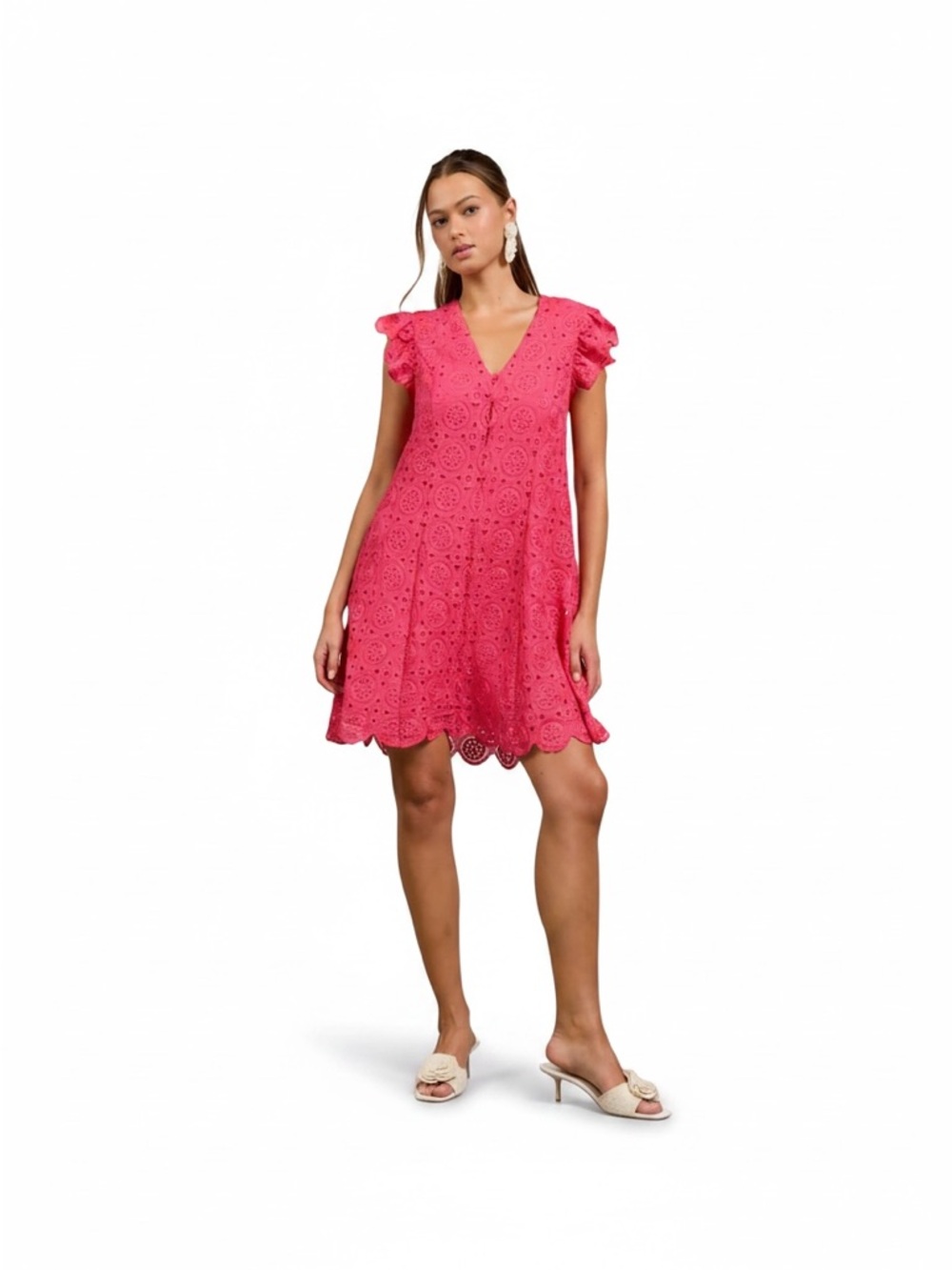 Skies are Blue Raspberry Sorbet Ruffle Sleeve Button Front Knee Length Dress NEW